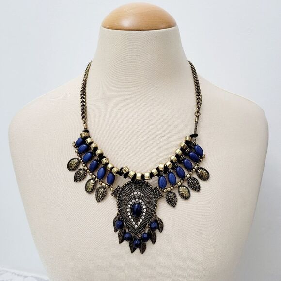 Vintage Blue Bohemian Rhinestone Necklace - Picture 1 of 9